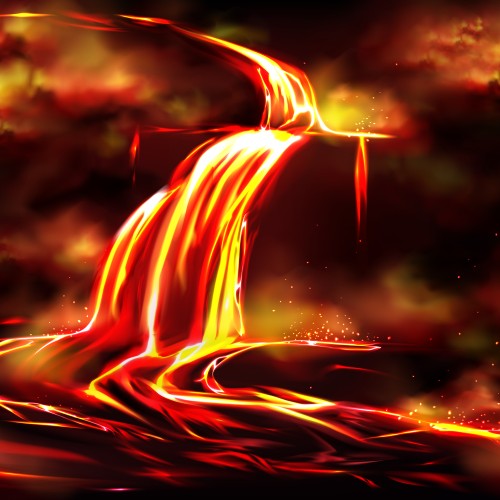Flow of hot fluid lava, clouds of poisonous smoke and ash, toxic gases explosions during volcano effusive eruption, tectonic activity realistic vector illustration. Natural disaster, geothermal energy