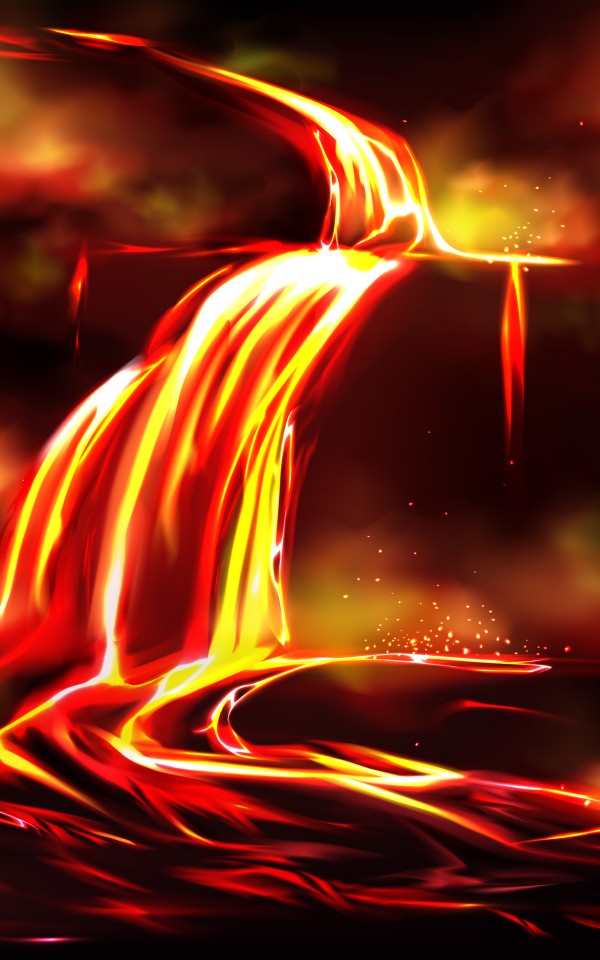 Flow of hot fluid lava, clouds of poisonous smoke and ash, toxic gases explosions during volcano effusive eruption, tectonic activity realistic vector illustration. Natural disaster, geothermal energy