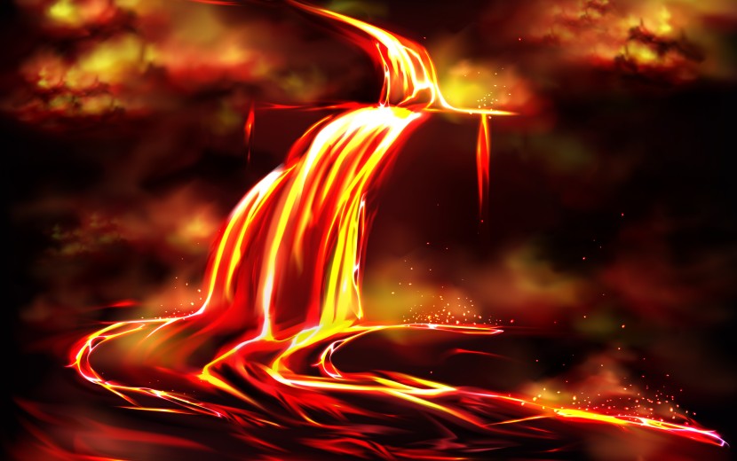 Flow of hot fluid lava, clouds of poisonous smoke and ash, toxic gases explosions during volcano effusive eruption, tectonic activity realistic vector illustration. Natural disaster, geothermal energy